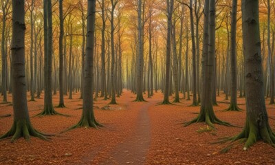 Poster - A serene forest path winds through a grove of tall trees with vibrant autumn foliage, creating a tranquil and picturesque scene