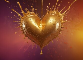 Leinwandbilder - A golden heart-shaped object is suspended in mid-air, with a stream of golden liquid dripping from it, creating a dynamic and visually striking scene against a gradient background