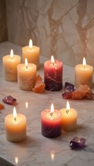 Aufkleber - Nine lit candles of various colors and sizes are arranged on a marble surface, with some petals scattered around