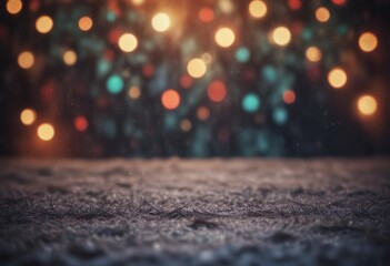 Aufkleber - A blurred background of colorful lights, creating a bokeh effect, with a textured foreground featuring a dark surface and small, blurry objects