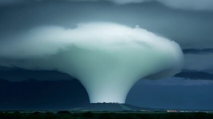 Wall Mural - Massive supercell storm cloud developing over a rural landscape, casting an ominous glow on the horizon, hinting at severe weather with wind, rain, hail, and lightning