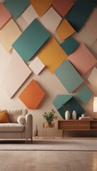 Leinwandbilder - a modern living room with a white sofa, a wooden coffee table, and a plant on a small side table The walls are adorned with a geometric pattern of overlapping squares in
