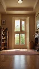Leinwandbilder - A warm and inviting living room with a large window, wooden bookshelves, a fireplace, and a rug on the hardwood floor