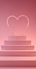 Leinwandbilder - A pink heart-shaped neon sign is displayed on a pink platform with steps, set against a pink background