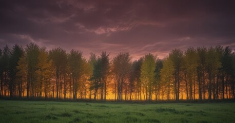 Poster - A forest of trees with yellow leaves stands against a dramatic sky at sunset, creating a serene and picturesque scene