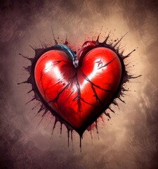 Fototapete - A digital illustration red heart with a cracked and bloodied surface, surrounded by splattered black paint against a dark background