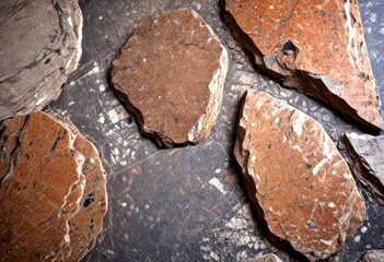 Leinwandbilder - a collection of irregularly shaped rocks in various shades of brown and gray, arranged on a dark surface