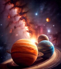Poster - Three planets in a cosmic dance, with a fiery nebula and a distant star in the background, creating a sense of depth and scale