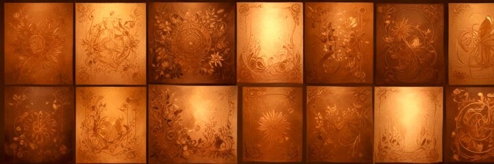 Poster - The contains a grid of 16 identical brown and beige floral and abstract art pieces, each with a unique design and style