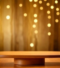Aufkleber - A wooden table with a round base stands in the foreground, while a blurred background features a curtain with twinkling lights