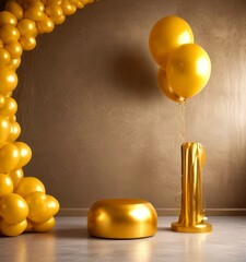 Poster - A golden balloon arch, a golden candle holder, and a golden round table are arranged in a room with a beige wall and a wooden floor