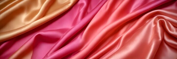 Aufkleber - a close-up view of three overlapping satin fabric swatches in different colors: gold, pink, and maroon