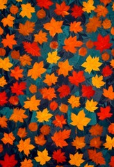 Aufkleber - a vibrant autumn scene with a multitude of leaves in shades of orange, yellow, and red scattered across a dark green background