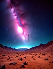 Leinwandbilder - A breathtaking night sky unfolds over a barren desert landscape, with a vibrant galaxy stretching across the frame and a faint glow of the Milky Way visible in the distance