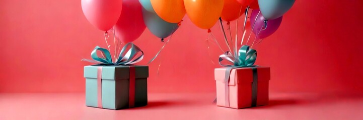 Poster - Two gift boxes with ribbons and bows sit on a pink background, accompanied by pastel-colored balloons