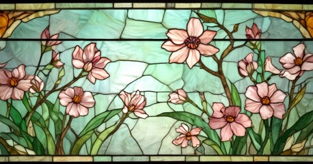 Poster - A stained glass panel featuring a floral design with pink flowers and green leaves against a light green background