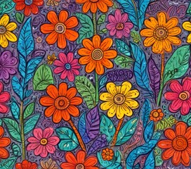 Leinwandbilder - a vibrant, hand-drawn pattern of flowers and leaves in various shades of orange, yellow, pink, and purple against a dark purple background