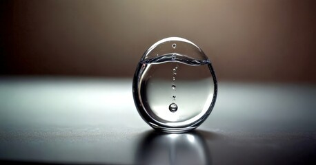 Poster - A transparent glass sphere filled with water, with water droplets suspended in a vertical line, sits on a reflective surface against a dark background