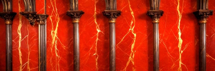 Leinwandbilder - A close-up view red marble wall with a row of dark wooden columns with ornate capitals, creating a striking contrast against the vibrant red background
