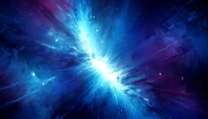 Poster - a vibrant cosmic scene, featuring a bright, white starburst at the center, surrounded by a swirling pattern of blue and purple hues The starburst is set against a backdrop