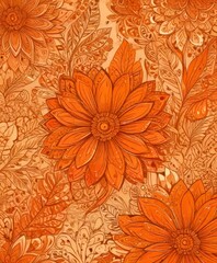 Leinwandbilder - a repeating pattern of large orange flowers with intricate designs, set against a beige background