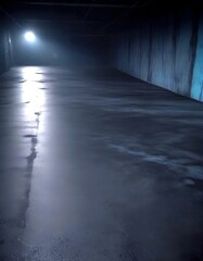 Aufkleber - A dimly lit, concrete garage floor stretches out, with a single light source casting long shadows and a faint outline person's silhouette visible in the distance
