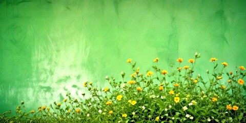 Fototapete - A vibrant field of yellow flowers blooms against a green, textured wall, creating a serene and natural scene