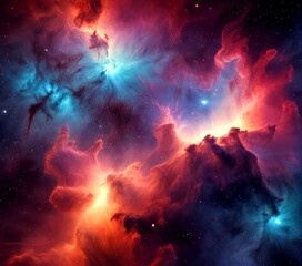 Poster - a vibrant cosmic scene featuring a nebula with swirling clouds of gas and dust, illuminated by a bright blue and orange glow The nebula is surrounded by a dark background