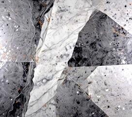 Fototapete - a close-up view marble surface with a mix of gray and white marble tiles arranged in a pattern The tiles have a textured appearance, with some areas appearing to be