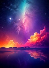 Poster - a serene night sky with a crescent moon, a vibrant rainbow, and a reflection of the sky and clouds in a calm body of water