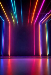 Leinwandbilder - A room with a dark background and a series of colorful neon lights arranged in a diagonal pattern, creating a dynamic and visually striking effect