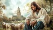 © nataliya_ua - Jesus Christ .A serene moment in a pastoral landscape with Christ and gentle sheep at dusk, embracing tranquility and faith. Generative AI