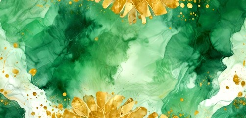 Leinwandbilder - a vibrant abstract background with a mix of green and gold hues The central focus is a large, stylized flower with golden petals, surrounded by smaller golden flowers and