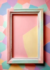 Leinwandbilder - A pastel-colored wooden frame with a white border is centered against a vibrant geometric patterned background