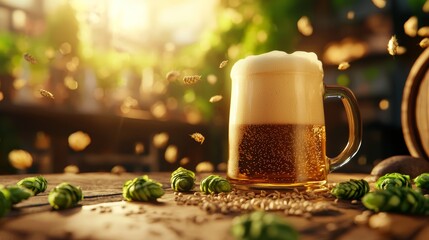 Frothy beer stein surrounded by fresh hops and wheat, rustic wooden barrel and stone wall background, inviting pub scene, warm tones, perfect for brewery ads