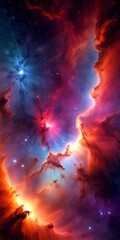 Poster - a vibrant cosmic scene, featuring a nebula with swirling clouds of gas and dust illuminated by a bright star at its center The nebula's colors range from deep blue to
