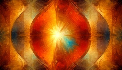 Poster - a vibrant abstract composition with a central sunburst, radiating light and warmth, surrounded by a symmetrical pattern of curved lines and shapes in warm and cool colors