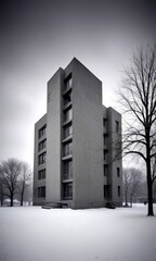 Poster - A modern, angular concrete building stands tall against a gray, overcast sky, its windows reflecting the muted light The building's design is simple and geometric, with a
