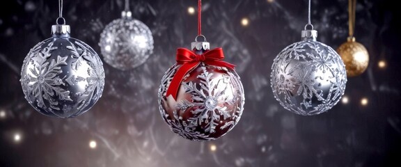 Wall Mural - A collection of Christmas ornaments, including silver and gold balls with intricate snowflake designs, are suspended against a dark background with twinkling lights