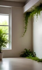 Wall Mural - A serene indoor setting with a large window, white walls, and a variety of lush green plants, creating a tranquil and natural atmosphere