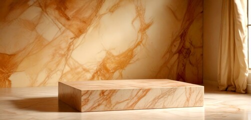 Leinwandbilder - Marble pedestal with a rectangular top rests on a marble floor, set against a marble wall with a window and a curtain