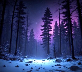 Poster - A snowy forest scene with tall pine trees and a purple sky in the background
