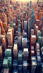 Poster - A bird's eye view densely packed cityscape, with a variety of buildings in shades of brown, green, and gray, creating a visually striking and intricate urban landscape
