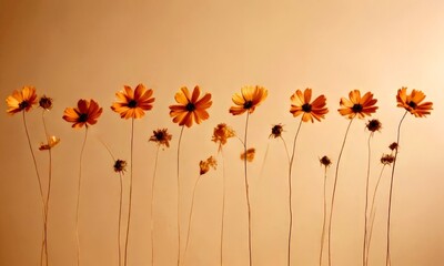 Poster - A row of dried flowers with brown petals and brown stems, set against a light beige background