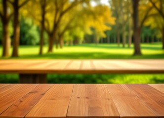 Poster - A wooden picnic table sits in the foreground, with a blurred park scene featuring trees and grass in the background