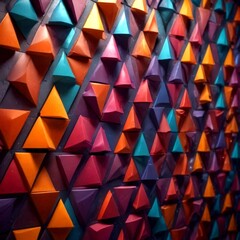 Leinwandbilder - A close-up view wall adorned with a vibrant array of multicolored triangular shapes, creating a visually striking pattern