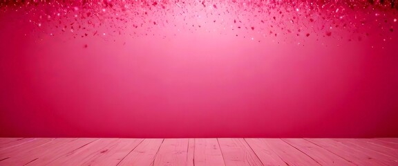 Poster - A pink background with scattered pink confetti, and a wooden floor in the foreground