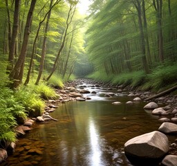 Poster - A tranquil forest stream flows gently through a lush, verdant landscape, with tall trees and a soft, diffused light creating a serene atmosphere