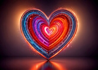 Aufkleber - A heart-shaped object composed of concentric circles in various colors, illuminated by a radiant glow, stands on a reflective surface against a dark background
