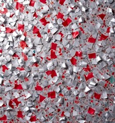 Poster - a textured surface composed of small, irregularly shaped pieces of red and silver material, scattered across the frame